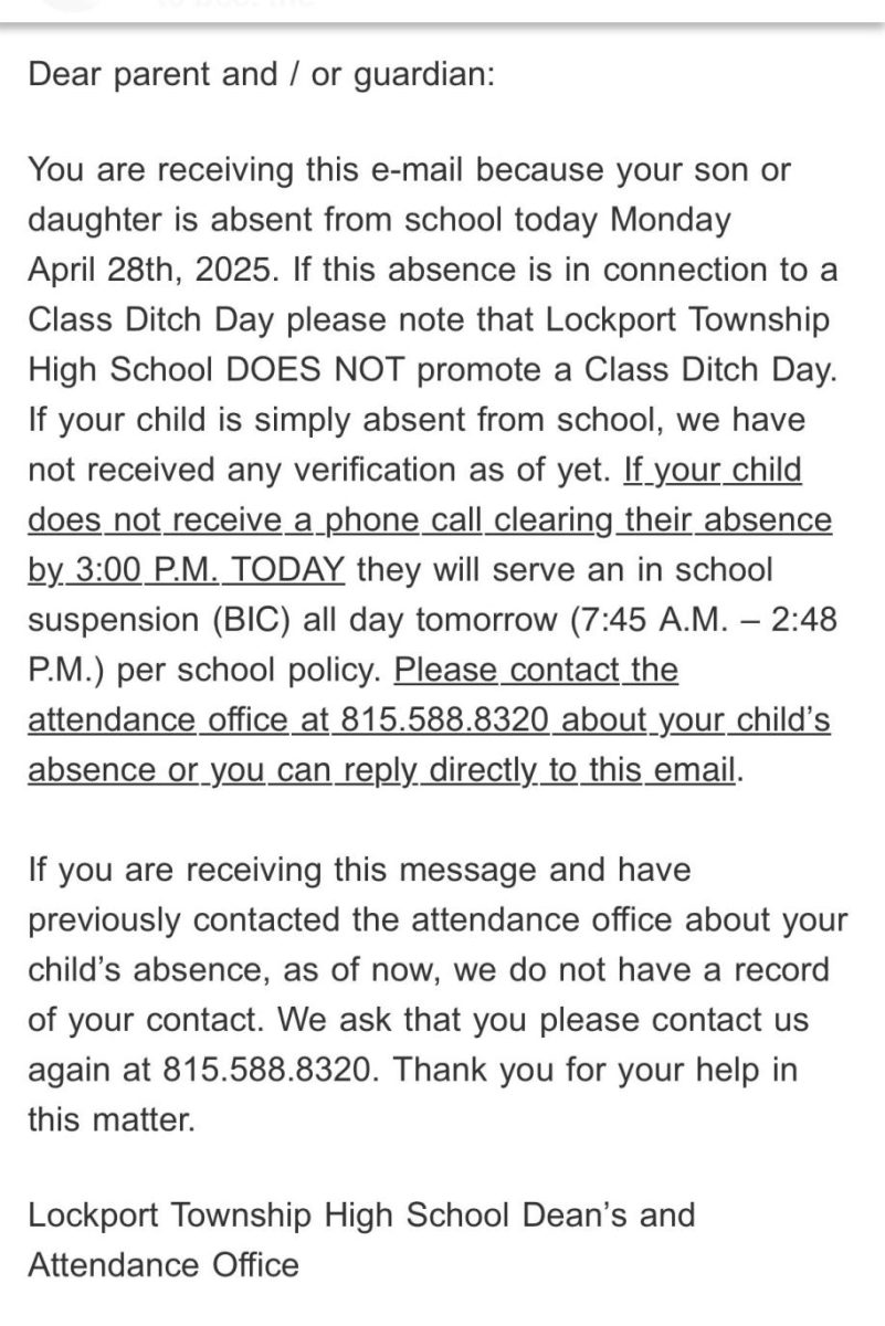 An email sent out to LTHS parents on Monday, April 28 stating consequence for senior ditch day. 
[Accessed by senior student at LTHS]
