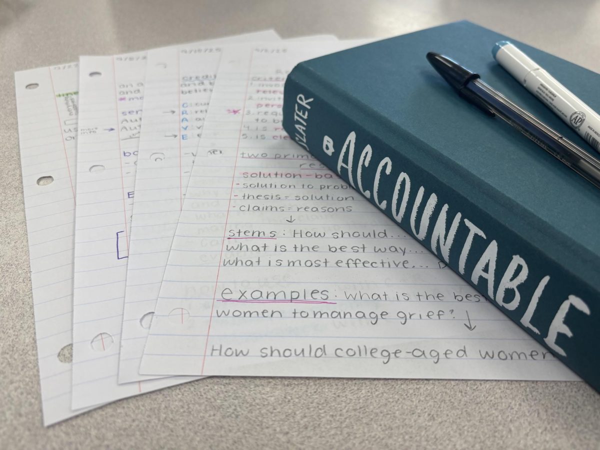 Student notes and the the course's current book, "Accountable" by Dashka Slater. 