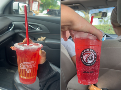 Raspberry energy drinks from both Scooters and 7 Brew - looks the same, but 7 Brew has additional fizz.