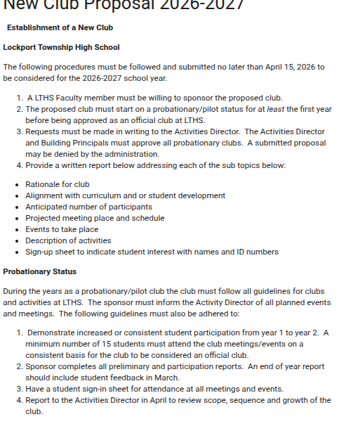 The official New Club Proposal and Probationary Status requirements for Lockport Township High School for the 2026-2027 school year. It details the specific hurdles students face when trying to establish a new organization, such as a business or finance club. 

Imaged accessed via lths.org and taken by Mark Lacek. 