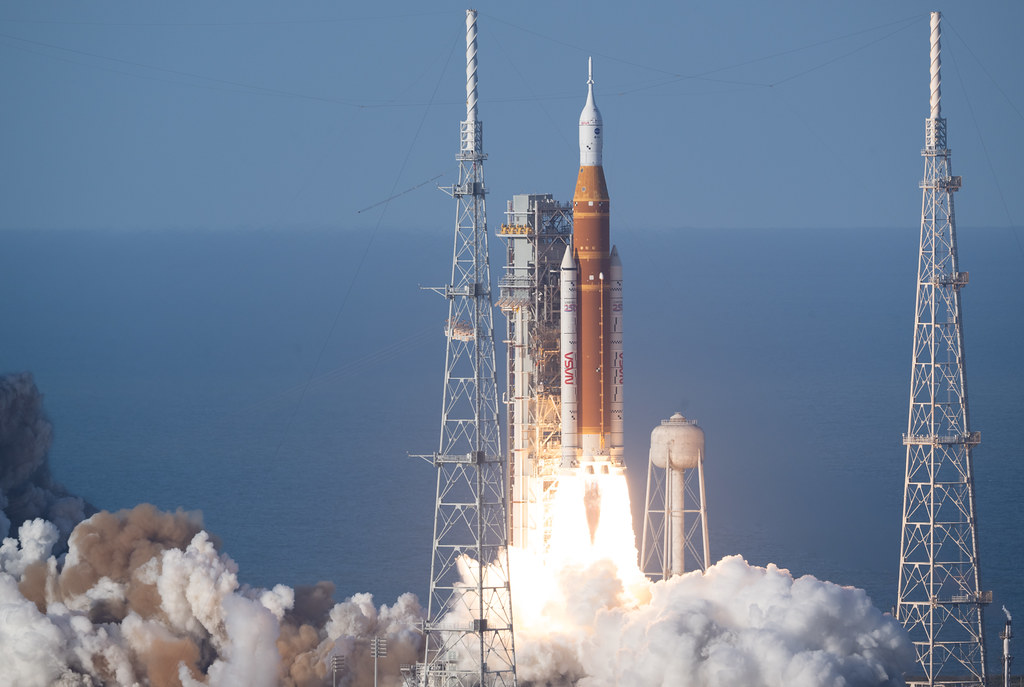 
Orion spacecraft taking off for the Artemis II mission carrying four astronauts launched from NASA’s Kennedy Space Center in Florida. 

Image accessed via Flickr, credited to NASA (Joel_Kowsky). CC BY-NC-ND 4.0.
